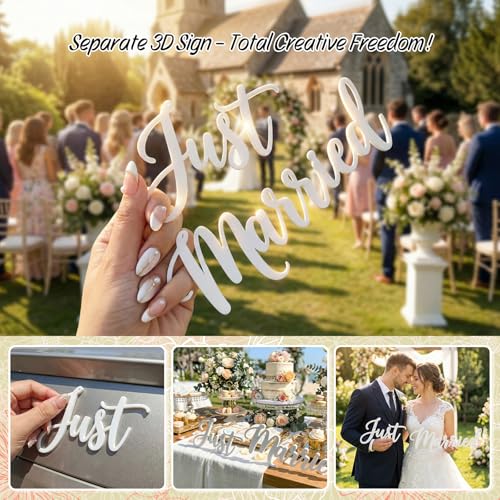 Just Married Car Decoration Kit – White Floral Wreath with Cascading Lace Tulle, 3D Just Married Sign, Magnetic Mr. & Mrs. & Love Hearts, Window Decals – Elegant Decor for Getaway Car, Ceremony by Funtinshdy - Used condition - Image 5