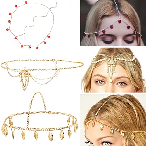 KARLOR Lot de 3 serre-tête bohème doré - Chaîne de cheveux - Bandeau en forme de cœur - Perles strass - Princesse - Mariage - Fête d'Halloween - Cosplay - Bandeau pour femme - Fille (ensemble oho) Cover