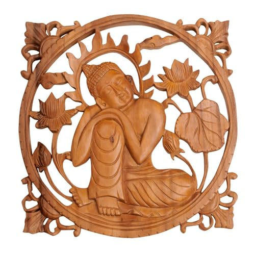 NOVICA Artisan Handcrafted Wood Relief Panel Suar Buddha from Bali Brown Indonesia Wall Decor Panels Spiritual Balinese Traditional Carvings [11.75in H x 11.5in W x 0.8in D] ' Buddha in Repose'