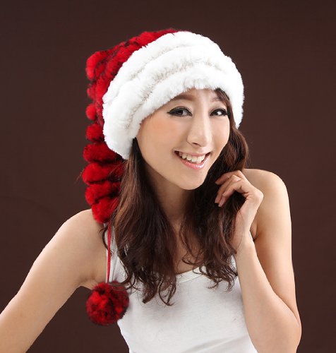 Ursfur Rex Rabbit Fur Christmas Hats Novelty Funny Santa Caps Winter Plush Beanie Pompom Merry Christmas Whiter/Red #TOP2