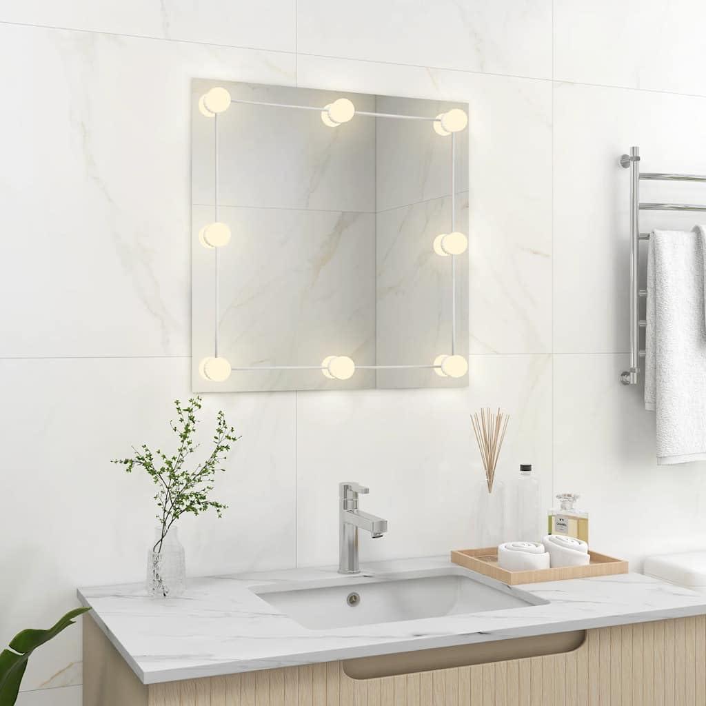 Lustro ścienne z oświetleniem LED, kwadratowe, 60 x 60 cm, szkło ze złączem USB, ciepła biel, zimna biel, do sypialni, salonu, łazienki, nowoczesne wzornictwo