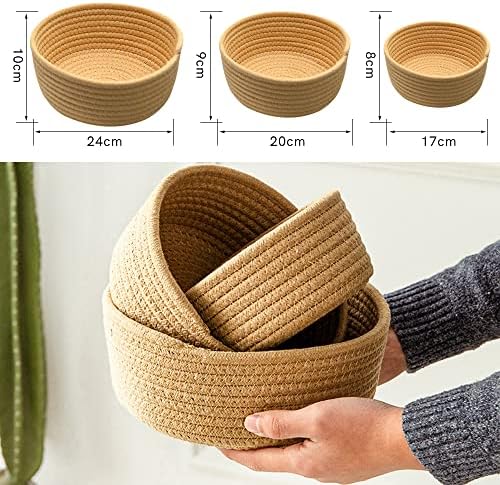 Kytpyi Rope Basket, Storage Baskets, Cotton Rope Hand-Woven Storage Basket Set of 3, Multi-Purpose Nesting Storage Solution of Varying Sizes for Nursery Bathroom, Skin Care Organizer (Yellow)