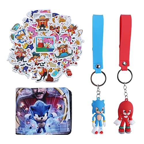Sonic Party Favors,Sonic Birthday Party Favor pour Les Enfants,Comprend 40 Autocollants Sonic+2 Porte Clés Sonic+1 Anime Portefeuille Sonic pour Enfants Filles Garçons Anniversaire Fête Cadeau Cover
