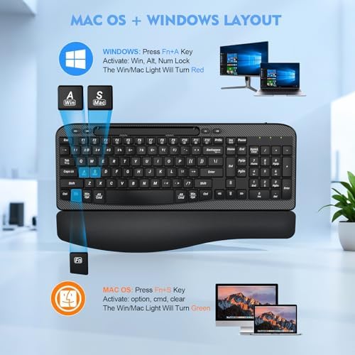 EAYBLLY 2.4G Wireless Ergonomic Keyboard, Full Size Wave Keys with Memory Foam Wrist Rest & 7.28in Phone Holder, USB-C Adapter Included for Windows Mac Chrome OS, Office or Home (Black) — view 6