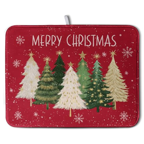 Wnoesat Merry Christmas Dish Drying Mat for Kitchen Counter 18x24 Inch Red Xmas Tree Snowflakes Drying Pad Winter Holiday Absorbent Microfiber Dish Draining Reversible Dish Drainer Rack Mat