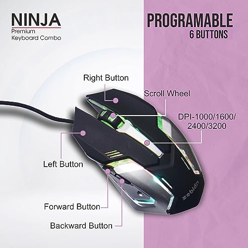 Image of Zebion Ninja Gaming Keyboard and Mouse Combo,Braided Cable,Durable Metal Body,Multimedia Keys and Gaming Mouse with 6 Buttons, Multi-Color LED Lights, High-Resolution Sensor with 3200 DPI (Black)