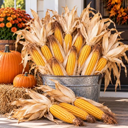 CZ Grain 12 Dried Yellow Corn on the Cob with Husks Attached for Fall Decor Natural Decorative Corn Ears for Thanksgiving Halloween Harvest Farmhouse Porch & Table Decorations, 12 Ears