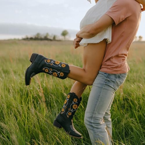 Image of Cowboy Boots for Women - Mid Calf Western Sunflower Cowgirl Boots with Floral Embroidery, Square Toe Stitched Pull On Retro Design, Perfect for Country Idyll, Concerts and More