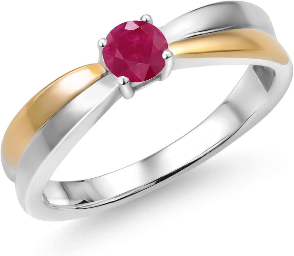 Gem Stone King 925 Sterling Silver and 10K Yellow Gold Red Ruby Solitaire Engagement Ring For Women (0.35 Cttw, Round 4MM, Gemstone Birthstone)