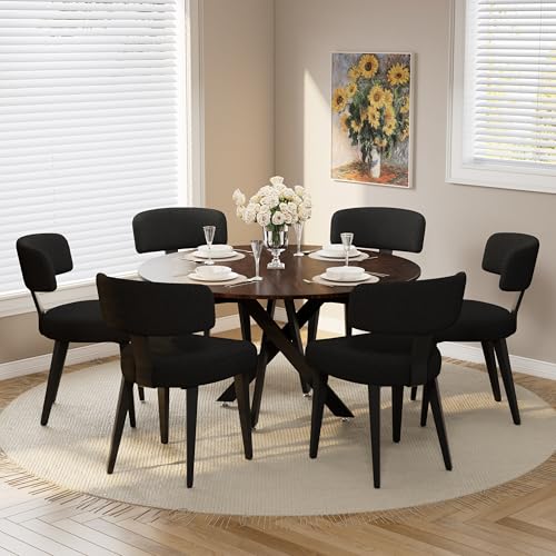 Image of Wood Dining Table Set for 6, 47 inch Round Kitchen Table with 6 Boucle Dining Chairs, MDF Tabletop with Metal Legs, Ergonomic Dining Chair with Metal Legs(Woodgrain Table)