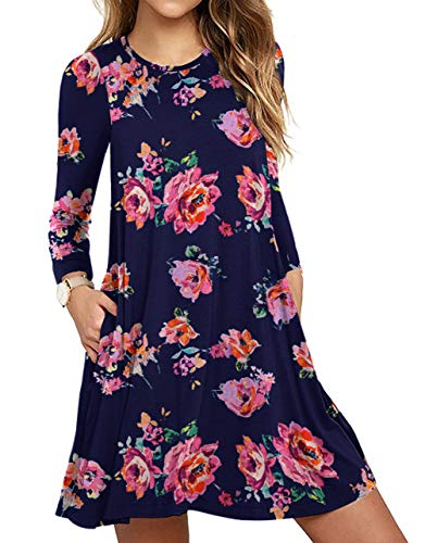 Women's pockets floral print casual swing t-shirt dresses pink fl…