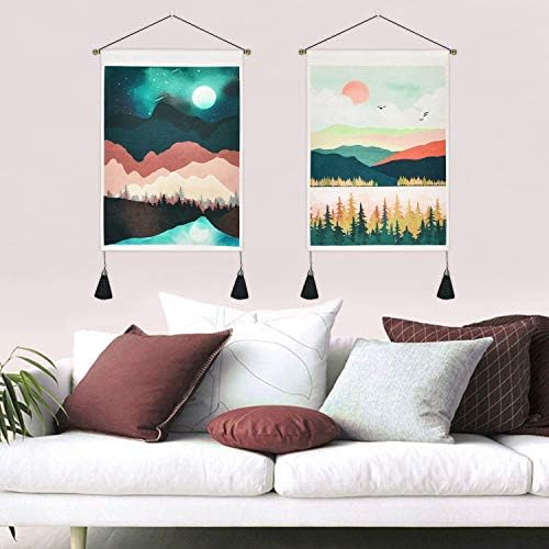 Yugarlibi Set of 2 Japanese Wall Hangings with Tassels, Mountain Forest Sun and Moon Landscape Small Tapestries, Spring Tapestry Wall Art for Bedroom Living Room, 35x50 cm