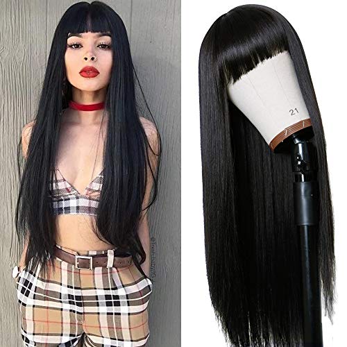 Timanzo VVAN-M-S2-24 Long Straight Remy Hair Wigs Natural Black Heat Resistant Fiber Hair Full Machine Wig With Bangs Cosplay Party Wig thumb #1