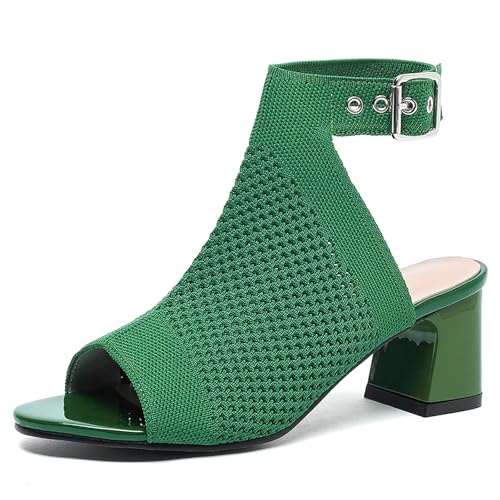 Women'S Knit Stretchy Fish Mouth Chunky Heel Sandals With Adjustable Ankle Strap Fashion Comfortable Mesh Breathable Slingback Block Heel Sandals Summer Casual Work Office Wedding Dressy Pumps