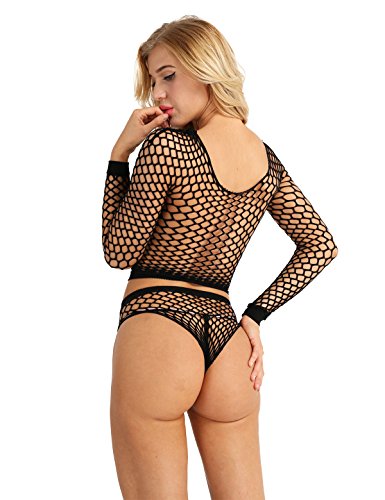 Freebily Women Fishnet Long Sleeve See Through Crop Top T-Shirt+Panties Set Black One Size - Image 2