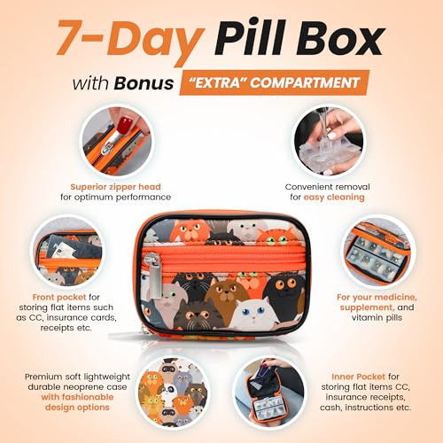 Image of Made Easy Kit Pill Case - Weekly Medicine Organizer with Removable Seven-Day Vitamin & Supplement Box - Premium Neoprene for Travel Purse Accessory (Orange Cat)