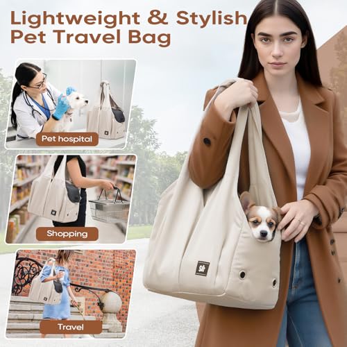 Dog Purse Carrier for Small Dogs, Cats, and Puppies – Soft-Sided Travel Pet Tote Bag with 4 Large Pockets, Foldable, Lightweight, Fits Pets up to 15 lbs, for Travel, Outings (Beige) - Image 6