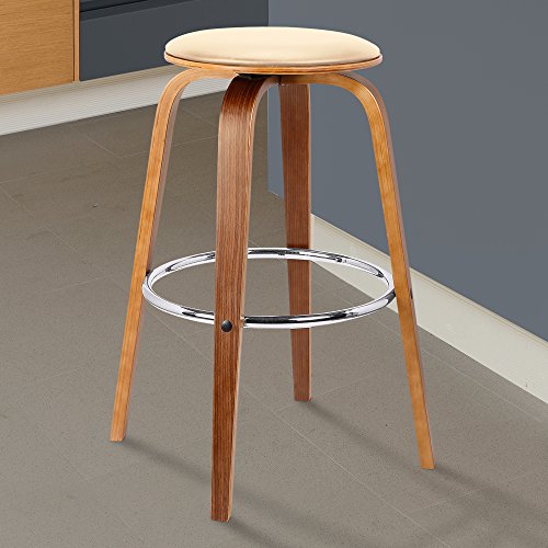 Armen Living Harbor Butaco Moderno de Mediados de Siglo 26" Altura de Asiento Sin Respaldo Giratorio en Cuero Sintético Crema y Madera Nogal para Barra de Cocina miniatura 2