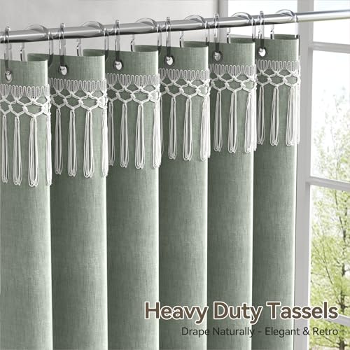 Image of AmazerBath Green Shower Curtains for Bathroom, Boho Farmhouse Shower Curtain with Top Tassels, Sage Green Shower Curtain with 12 Hooks, Faux Linen Fabric Hotel Quality, 72x72 Inches
