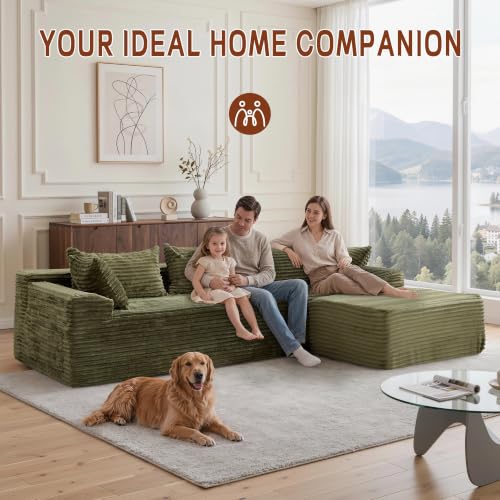 Image of Korser 108 inch L-Shaped Modular Sectional Sofa with Chaise, Boneless Comfy Corduroy Fluffy Couch with Deep Seat and Side Pockets, Flexible Module Combination for Living Room, No Assembly, Side Pockets