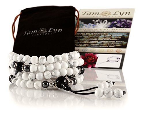 TamLyn Concepts Howlite Prayer Beads - Japa Mala Beads Necklace for Meditation and Mantras - Yin and Yang Onyx Wrap Bracelet - Includes Bonus Remote Reiki Healing Attunement
