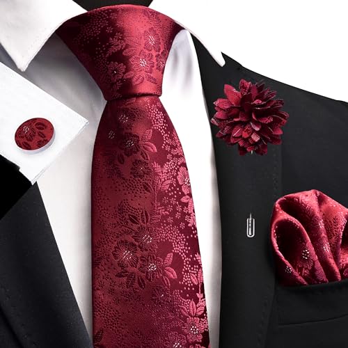 Image of GUSLESON 3.15 inch（8cm） Mens Floral Tie and Lapel Pin Necktie Hankerchief Cufflinks Set for Men