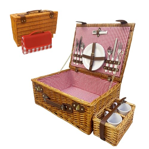 Image of Multifunctional Wicker Picnic Basket Set for 2 Adults with Picnic Table and Blankets,Large Insulated Picnic Set with Wine Pouch and Full Tablewares for Camping Outdoor Couples Beach Wedding,Pink