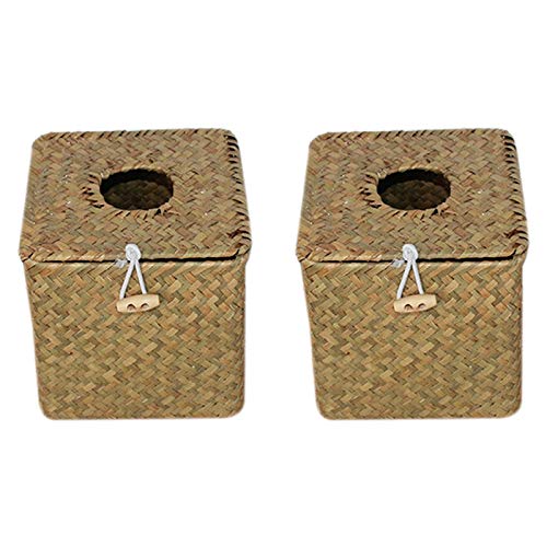Heritan Natural 2 Pack Square Seagrass Facial Tissue Box - Decorative Woven Paper Holder Napkin Dispenser - Straw Tissue Box Cover