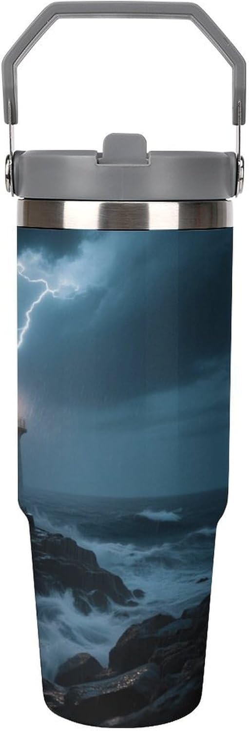 30 Oz Insulated Mug with Handle Lid And Straw Lighthouse on A Rainy Night Pattern Large Metal Sports Bottle Great for Gifts Parties Office Coffee