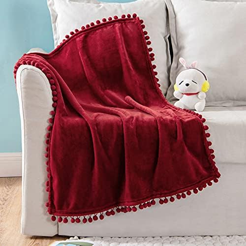 MIULEE Fleece Baby Blanket with Pompom Tassel for Boys Girls Kids Infant Newborn Soft Flannel Blanket Cozy Blanket Fuzzy Plush Warm Throw for Crib Stroller Nap 30"x40" Burgundy Red
