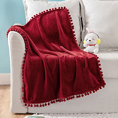 Miulee Fleece Baby Blanket With Pompom Tassel For Boys Girls Kids Infant Newborn Soft Flannel Blanket Cozy Blanket Fuzzy Plush Warm Throw For Crib Stroller Nap 30"X40" Burgundy Red #TOP23