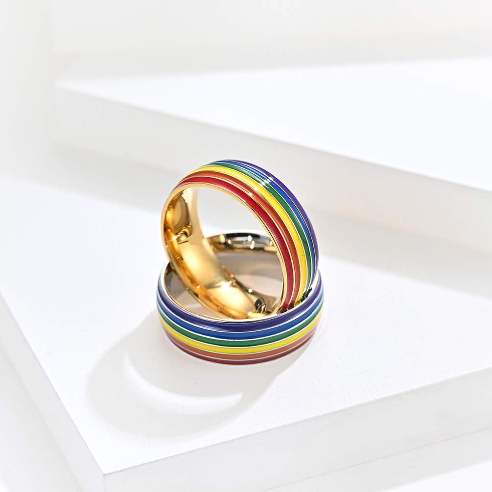 2 Pcs Rainbow Pride Ring Two-Tone Rainbow Inlay Lover Wedding Engagement Bands 8mm Width Stainless Steel Pride Parade Rainbow Ring Promise Couples Rings for Women Men-9 - Image 3