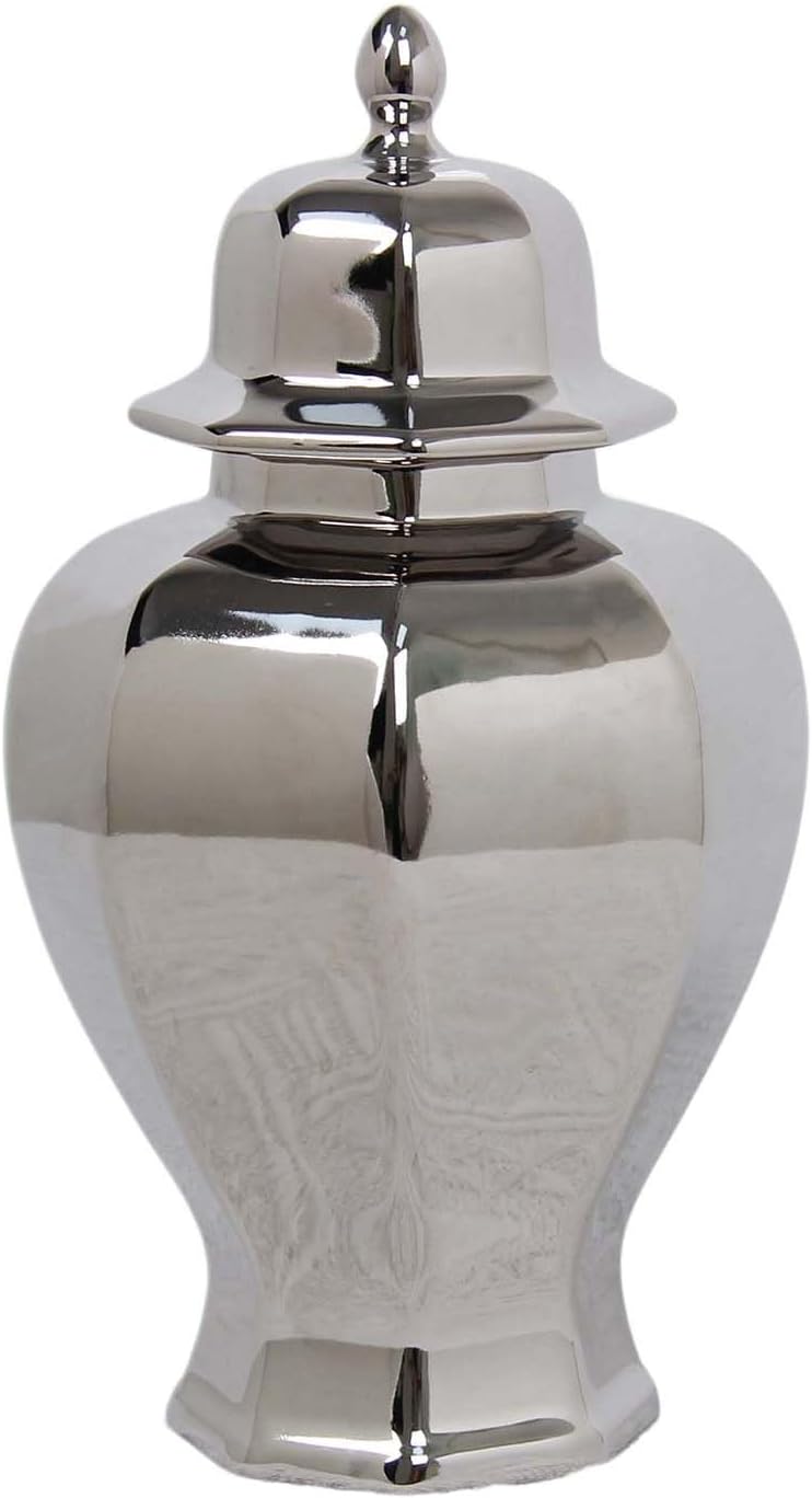 Small Ceramic Ginger Jar with Lid, 8.6 in Home Decor Aesthetic Vase for Flowers, Porcelian Temple Jar Kitchen Storage Canister for Countertop, Shelf & Mantel, Office, Wedding Decor - Silver