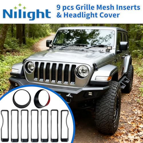 Nilight Grill Inserts fit for Jeep Wrangler Front Grille Inserts Headlight Cover Set for JL JLU Unlimited Sport SportS 2018 2019 2020 2021 2022 2023 Grille Bezels Trim Exterior Accessories Black 9 Pcs by Nilight - Used condition - Image 8