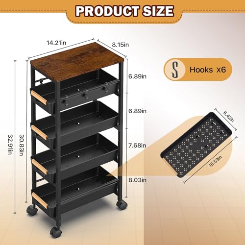 Image of SUNALLY Slim Storage Cart with Wheels, Narrow Kitchen Rolling Cart, Black