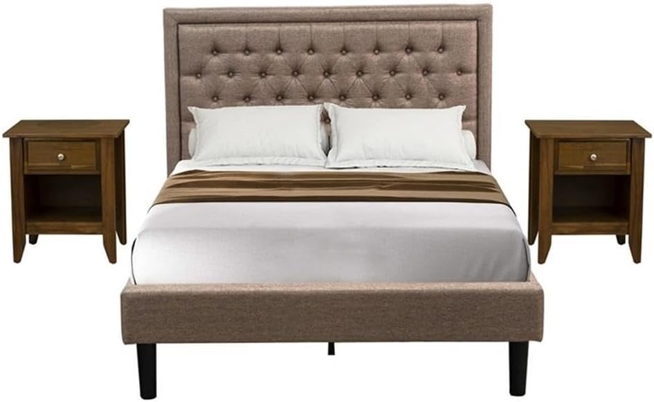 East West Furniture KD16F-2GA08 3 Piece Bed Set - 1 Full Platform Bed Frame Dark Khaki Linen Fabric Padded and Button Tufted Headboard with 2 Bedroom Nightstand - Antique Walnut Finish Nightstand