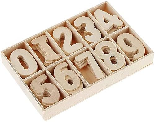 POFET Mixed Wooden 0-9 Numbers Unpainted DIY Decorations Kids Early Educational Learning Toys Games 120pcs (Numbers) with Storage Box Trays