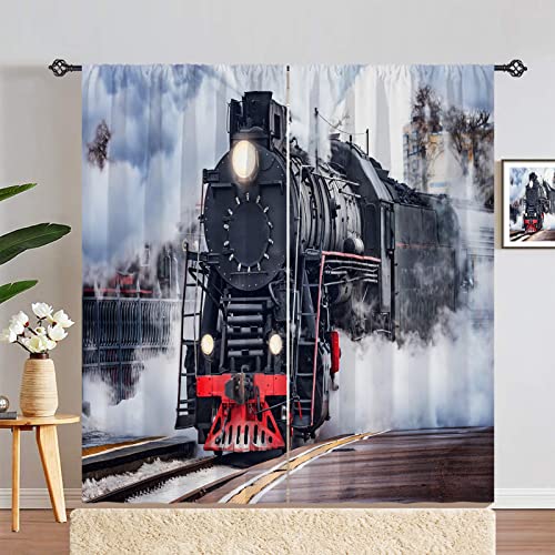 Anhope Steam Train Curtains Rod Pocket Light Filtering Window Drapes With Vintage Steam Engine Locomotive Print Pattern Decorative Privacy Curtains For Kids Bedroom Living Room 2 Panels 28 X 48 Inch #TOP4