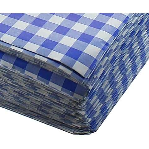 Deli Supplies 1000 x Gingham Greaseproof Duplex Paper Blue - Pack of app 1000 Sheets 250mm x 375mm - 5kg - Greaseproof Liner Chip Basket Liner Chip Bucket Liner Meat Bakery Cover