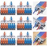 CESFONJER 2-in-8-out Compact Terminal Blocks (6 Sets), Lever Wire Splicing Connectors, 2 Input 8 Output, DIN Rail & Screw Fix, 28-12AWG, Includes Mounts & Screws