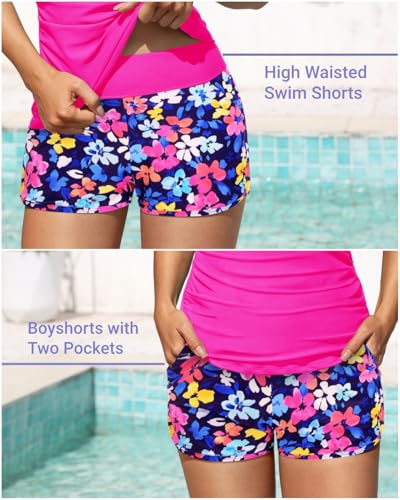 Image of Women Tankini Swimsuit with Shorts Two Piece Tummy Control Bathing Suit | Pockets,Tummy Control,Removable Bra Pads,Quick Dry,Adjustable Shoulder Straps