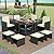 LHBcraft 9 Pieces Patio Dining Sets Outdoor Conversation Sets, Space Saving Wicker Chairs with Glass Table and Ottomans, Cushioned Seating and Back Sectional Dining Sets(BK-WH)