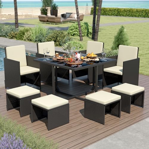LHBcraft 9 Pieces Patio Dining Furniture Sets, Outdoor Space Saving Rattan Chairs with Glass Table, Wicker Patio Conversation Furniture Set Cushioned Seating and Back Sectional Dining Sets (BK-WH)