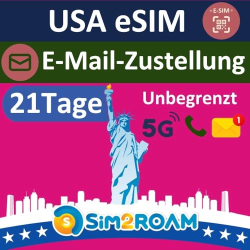 USA Native eSIM Karte nutzt T-Mobile Netz | 21 Tage | Zeitnahe E-Mail-Zustellung | Unbegrenztes 5G Datenvolumen in den USA 5GB in Kanada und Mexiko + Unbegrenzte Anrufe und SMS | Keine Roaming-SIM