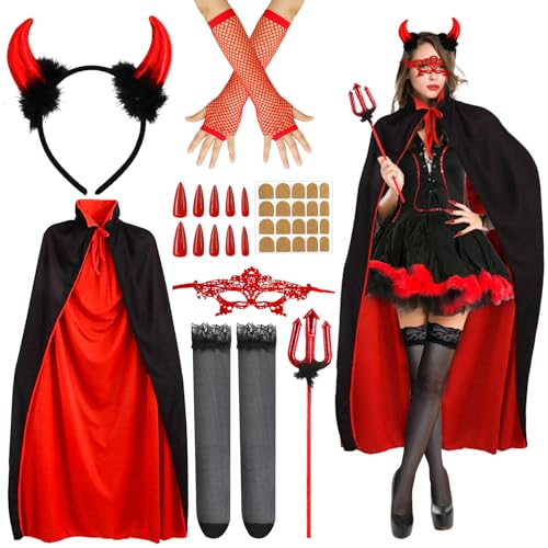 Halloween Deguisement Vampire Femme, Déguisement de Diable Femme, Deguisement Carnaval Ensemble Cape Vampire Avec Bâton du Diable, Serre-tête, pour Costume Carnaval Halloween Adulte