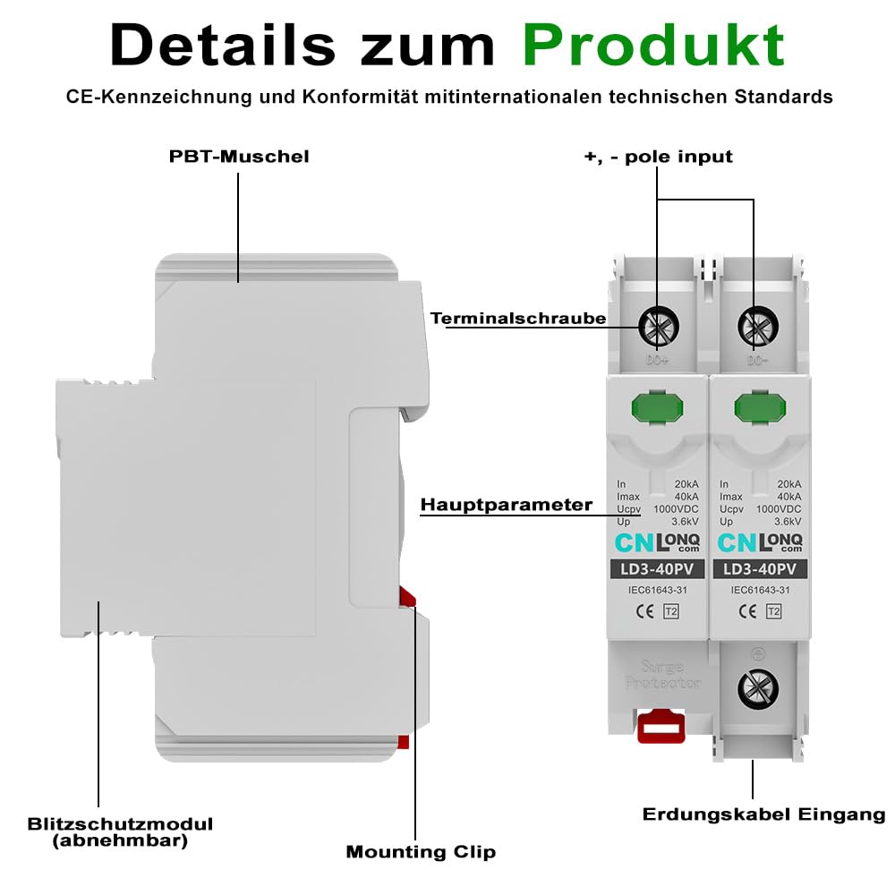 CNLONQ 2 Stück DC Überspannungsschutz PV Anlage DC1000V 2P 20kA/40kA 2P T2 Überspannungsableiter Blitzschutz Für Solar-Photovoltaik 35mm DIN-Schienenmontage
