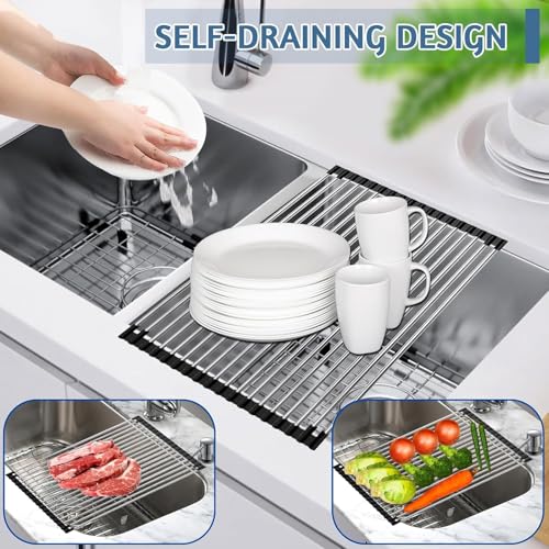 Image of 10 Pipe Foldable Roll Up Dish Drying Rack Over The Sink Multipurpose Kitchen Counter Rolling up Stainless Steel Drainer for Cups, Utensils, Fruits, Vegetables