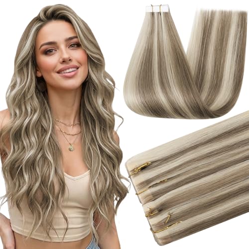 Image of Full Shine Long Lasting Tape in Hair Extensions Human Hair,8P60 Beige Blonde Highlighted Ash Brown,24Inch 50G 20Pcs,Remy Hair Extensions,Seamless Natural Blend Tape Extensions for Fuller Hair