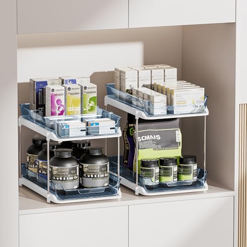 Image of Delamu 2-Tier Multi-Purpose Bathroom Under Sink Organizers and Storage, Stackable Kitchen Pantry Organization, Pull Out Medicine Cabinet Organizer with Movable Dividers, Blue, 2 Pack