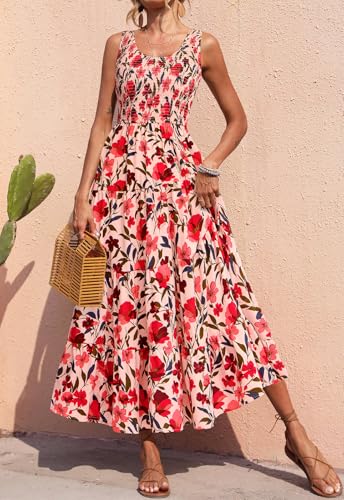 PRETTYGARDEN Smocked Tank Floral Maxi Dresses for Women 2025 Wedding Guest Dress Sleeveless Flowy Long Sundress with Pockets4